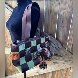 Comely Green & Brown Woven Seatbelt Tote Style Handbag with Scarf Accent